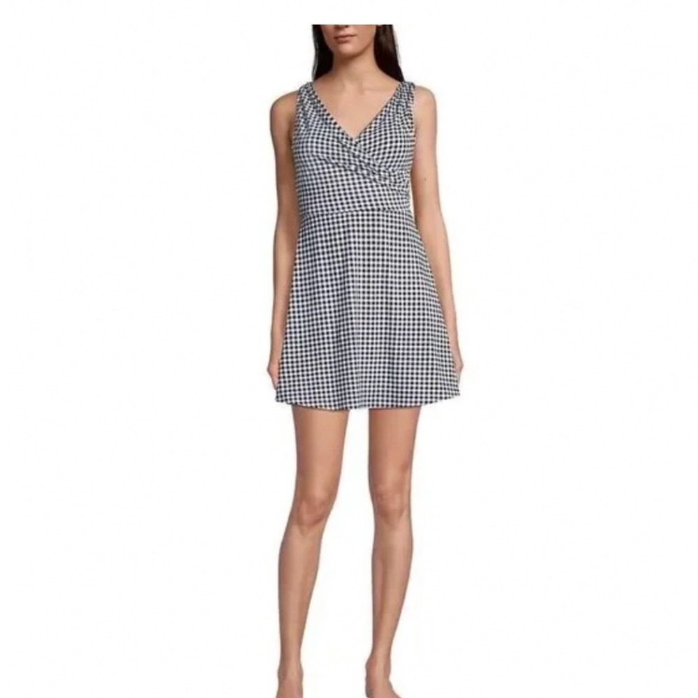 Lands End Womens Black White Gingham V-Neck Swim Dress Size 4